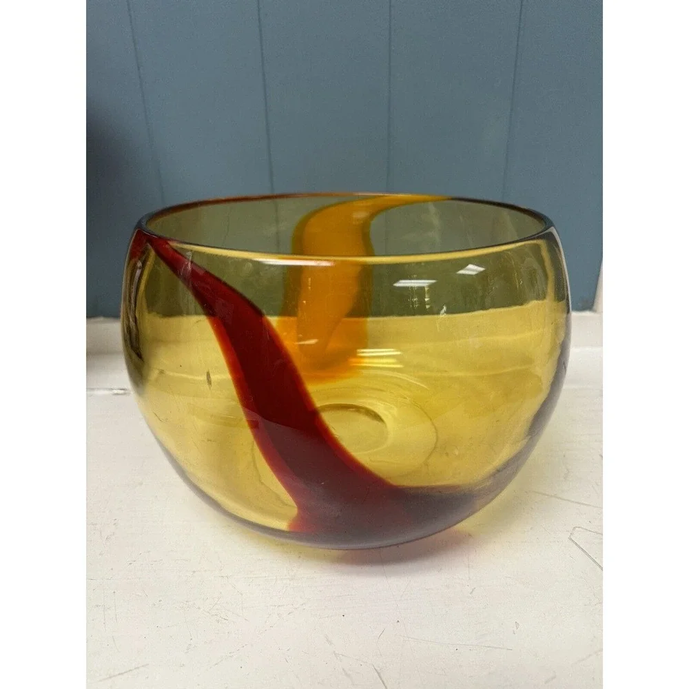Hand‎ Blown Art Glass Bubble Bowl w/rare Auburn Red Orange Design 7.5” X 6”